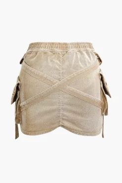 V-waist Buckle Flap Pocket Denim Cargo Skirt