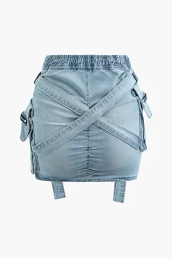 V-waist Buckle Flap Pocket Denim Cargo Skirt