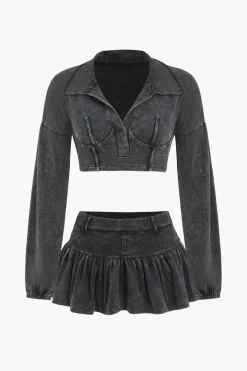 Washed Denim Crop Top And Pleated Mini Skirt Set