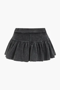 Washed Denim Crop Top And Pleated Mini Skirt Set