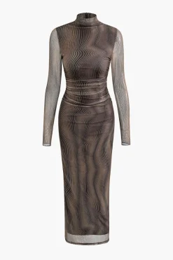 Wave Mock Neck Mesh Long Sleeve Maxi Dress