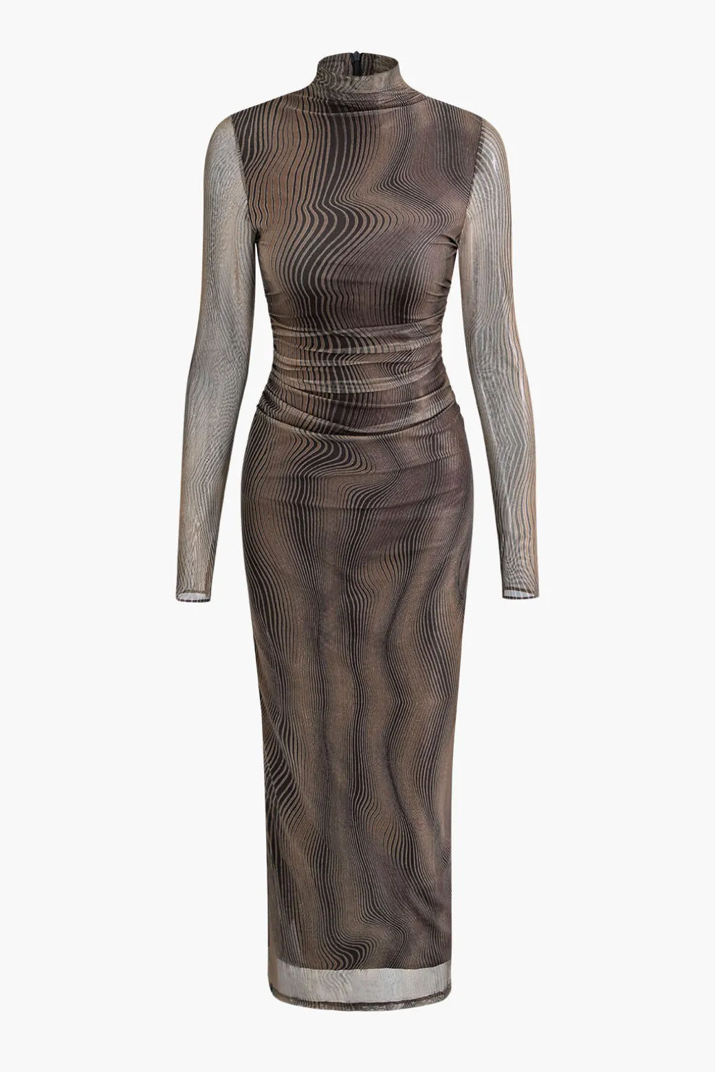 Wave Mock Neck Mesh Long Sleeve Maxi Dress