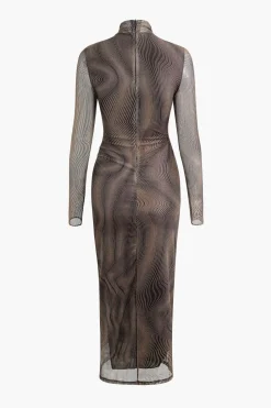 Wave Mock Neck Mesh Long Sleeve Maxi Dress