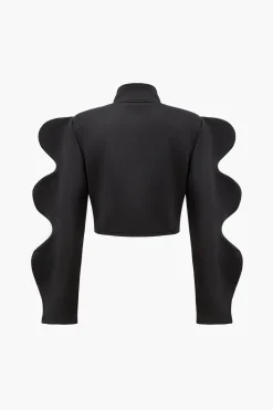 Wave Sleeve Buttoned Stand Collar Crop Jacket