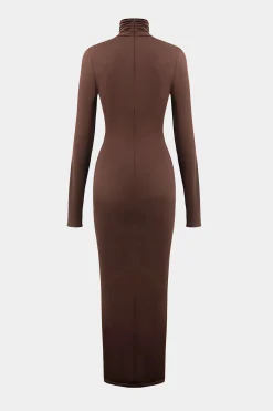 Wrap Ruched High Neck Long Sleeve Maxi Dress