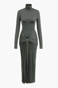 Wrap Ruched High Neck Long Sleeve Maxi Dress