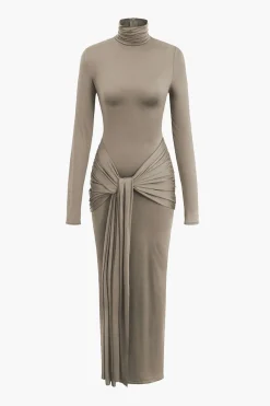 Wrap Ruched High Neck Long Sleeve Maxi Dress