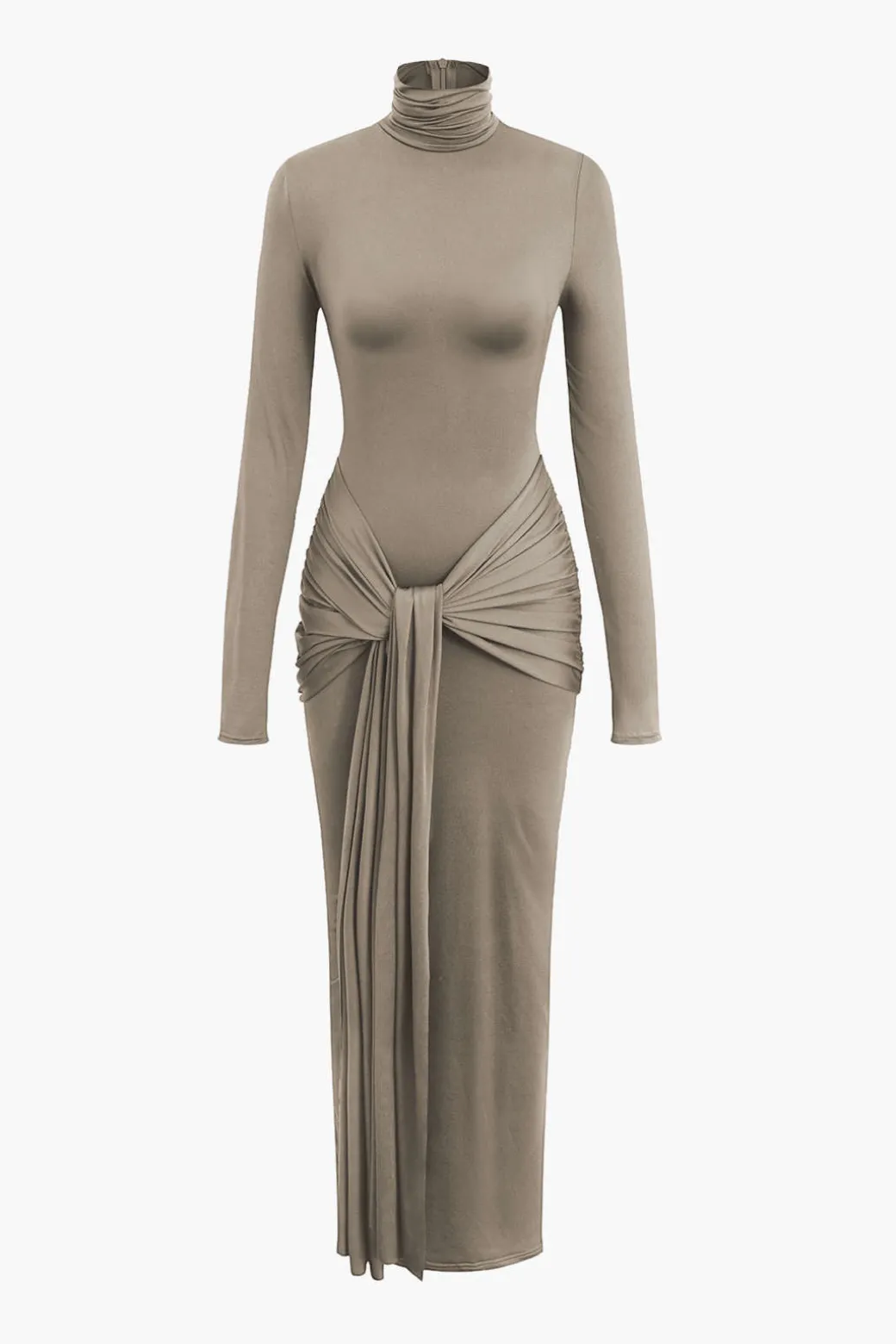 Wrap Ruched High Neck Long Sleeve Maxi Dress