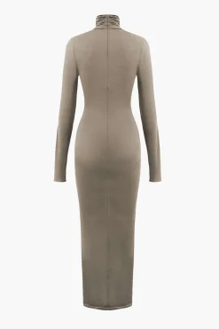 Wrap Ruched High Neck Long Sleeve Maxi Dress