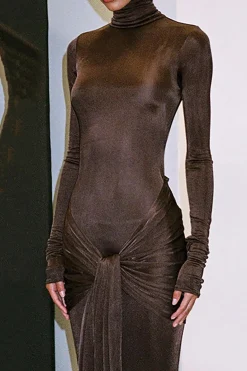 Wrap Ruched High Neck Long Sleeve Maxi Dress