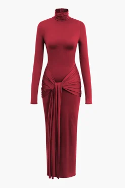 Wrap Ruched High Neck Long Sleeve Maxi Dress