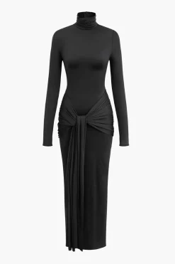 Wrap Ruched High Neck Long Sleeve Maxi Dress