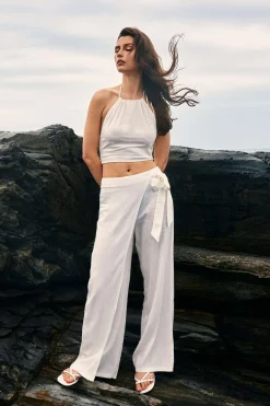 Wrap Tie Linen Wide Leg Pants