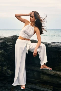 Wrap Tie Linen Wide Leg Pants