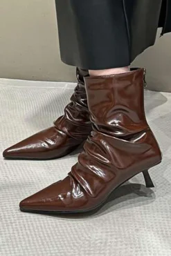 Wrinkled Faux Leather Pointed Ankle Boots