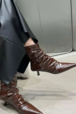 Wrinkled Faux Leather Pointed Ankle Boots