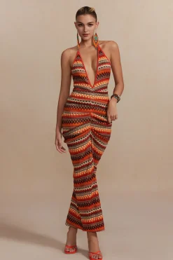 Zigzag Stripe Halter Backless Knit Maxi Dress