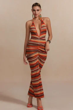 Zigzag Stripe Halter Backless Knit Maxi Dress