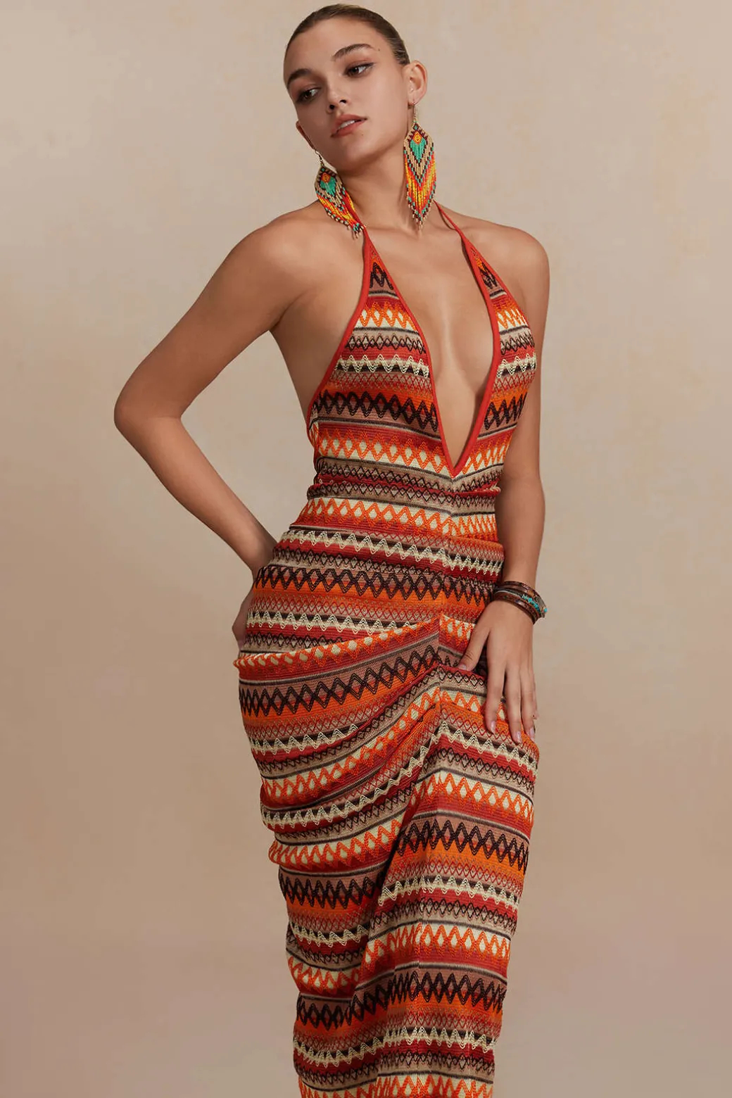 Zigzag Stripe Halter Backless Knit Maxi Dress