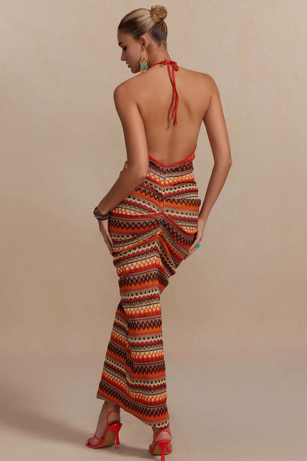 Zigzag Stripe Halter Backless Knit Maxi Dress