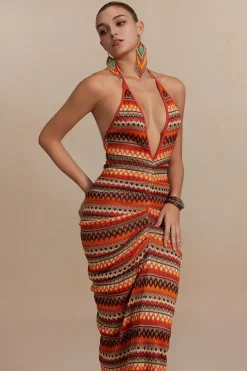 Zigzag Stripe Halter Backless Knit Maxi Dress