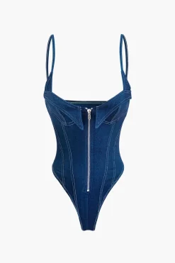 Zip Up Denim Sleeveless Bodysuit