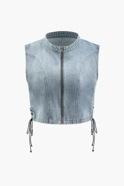 Zip Up Side Tie Denim Sleeveless Top