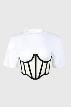 Zipper Short Sleeve Round Neck Corset Waist T-Shirt
