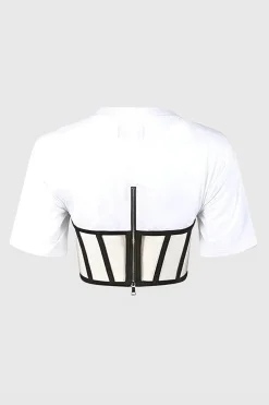 Zipper Short Sleeve Round Neck Corset Waist T-Shirt