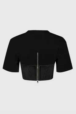 Zipper Short Sleeve Round Neck Corset Waist T-Shirt
